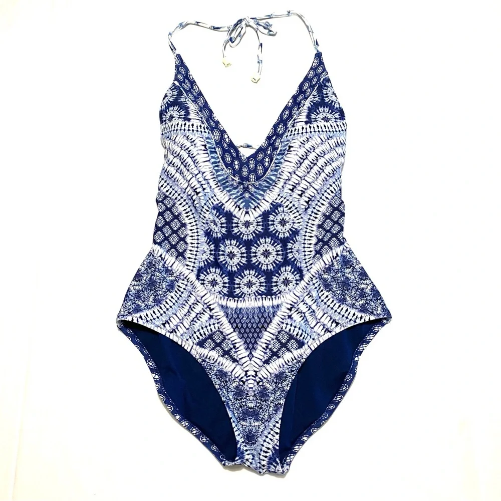 Jessica Simpson Bondi One-Piece Swimsuit Size L Blue & White Tie-Dye Boho - Picture 5 of 15